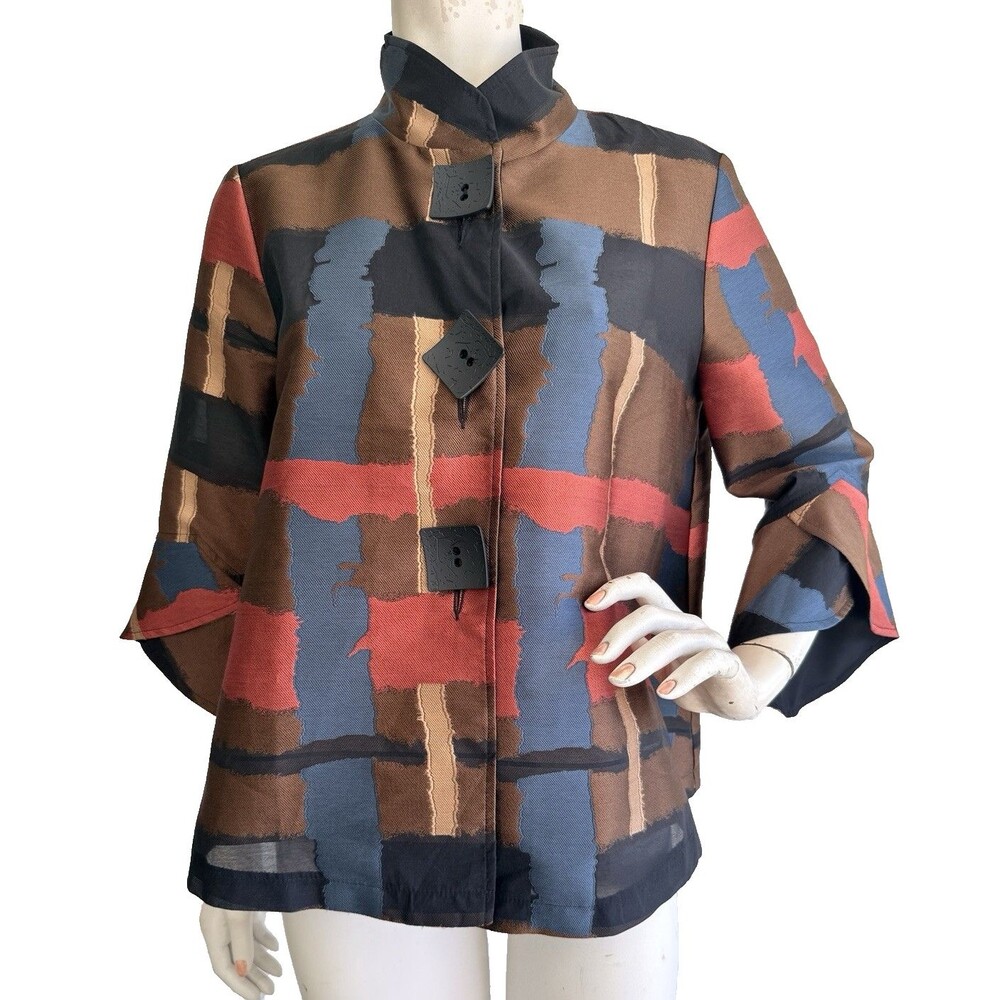 JOSEPH RIBKOFF Jacket Geometric Print Large Buttons 3/4 Bell Sleeve Size US 8